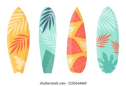 Cartoon surfing board collection for surf on wave. Vector surfboard vacation, extreme holiday, surf and active action illustration