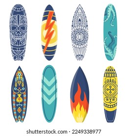Cartoon surfing board with ethnic pattern. Equipment for summer activity or extreme sport. Surfboards with different prints as flame, lightning, octopus tentacles. Water hobby isolated vector set