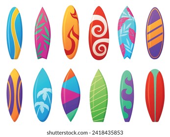 Cartoon surfing board. Isolated summer surf boards collection. Longboard and surfboard with various prints, nowaday vector sea sport equipment