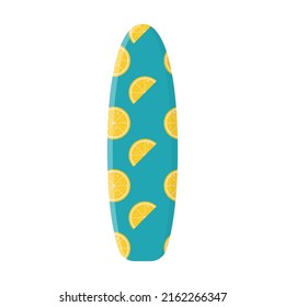 Cartoon surfing board with summer design. Summer sport leisure activity, holiday equipment. Flat vector illustration
