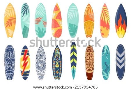 Cartoon surfing board with summer design and ethnic pattern. Surfboard with tropical leaf print, flame and lightning. Surf boards vector set. Sport leisure activity, holiday equipment Stock photo © 