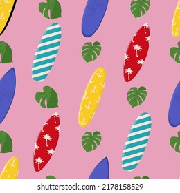 Cartoon surfing boards with summer design seamless pattern. Summer sport leisure activity, holiday equipment. Flat vector illustration