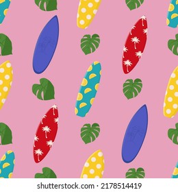 Cartoon surfing boards with summer design seamless pattern. Summer sport leisure activity, holiday equipment. Flat vector illustration