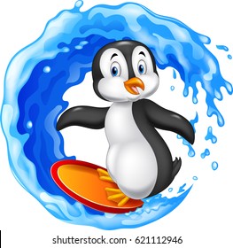 Cartoon surfing penguin