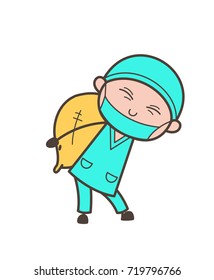 Cartoon Surgeon Carrying a Pack of Sack Vector Illustration