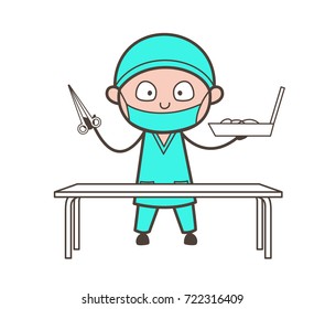 Cartoon Surgeon Holding a Scissors and Tool Box Vector