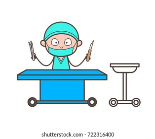 Cartoon Surgeon with Medical Equipments in Operation Theater Vector
