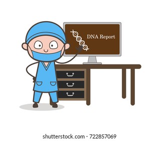 Cartoon Surgeon Presenting DNA Report Vector Concept