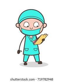 Cartoon Surgeon Reading Medical-Report Vector Illustration