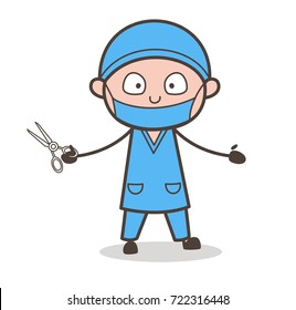 Cartoon Surgeon with Scissors Presenting Concept