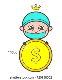 Cartoon Surgeon Showing a Golden Dollar Coin Vector Illustration