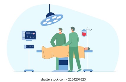 Cartoon surgeons operating on patient in clinic. Medical room with hospital workers and operating table flat vector illustration. Surgery, health, technology concept for banner or landing web page