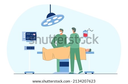 Cartoon surgeons operating on patient in clinic. Medical room with hospital workers and operating table flat vector illustration. Surgery, health, technology concept for banner or landing web page