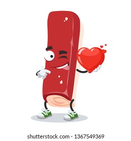 cartoon surimi or crab stick character mascot keeps the heart on white background