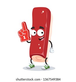 cartoon surimi or crab stick character mascot with the number 1 one sports fan hand glove on a white background