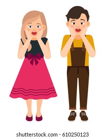 Cartoon surprised boy and girl vector illustration. Kids with amazed face expressions isolated on white background