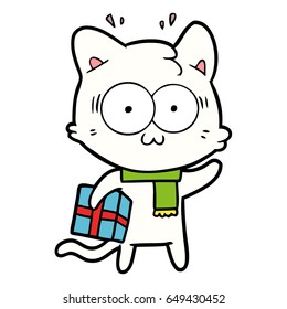 cartoon surprised cat with christmas present