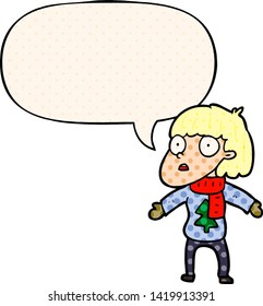 cartoon surprised christmas person with speech bubble in comic book style