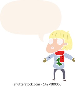 cartoon surprised christmas person with speech bubble in retro style