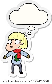 cartoon surprised christmas person with thought bubble as a printed sticker
