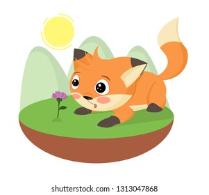 Cartoon surprised cute little fox found flower  Hand drawn foxy  Cartoon character fluffy pet animal and beautiful tail  for kids book  baby shower card  other design for children 