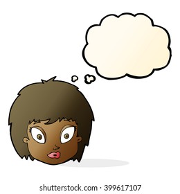 cartoon surprised female face with thought bubble
