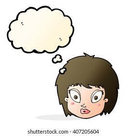 cartoon surprised female face with thought bubble