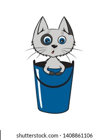 Cartoon surprised grey cat sits in a bucket and looks out. Vector illustration isolated on the white background.