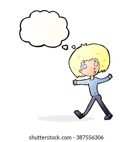 cartoon surprised man walking with thought bubble