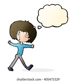 cartoon surprised man walking with thought bubble