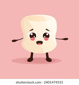 Cartoon surprised marshmallow with arms and legs in kawaii style. Marshmallow character design. Marshmallow vector on pink background	
