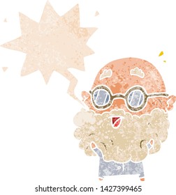 cartoon surprised old man with speech bubble in grunge distressed retro textured style