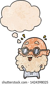 cartoon surprised old man with thought bubble in grunge texture style