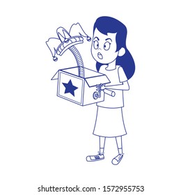 cartoon surprised woman with joke box icon over white background, vector illustration