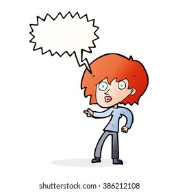 cartoon surprised woman pointing with speech bubble