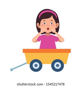 Cartoon Surprised Woman In Toy Wagon Icon Over White Background, Vector Illustration