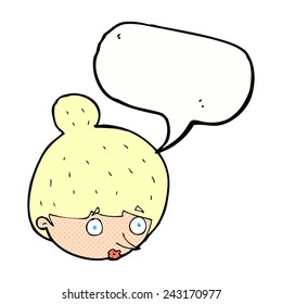 Cartoon überraschte das Gesicht der Frau mit Sprechblase