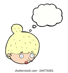 caricatura sorprende la cara de la mujer con burbuja de pensamiento