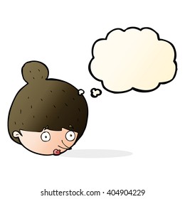 cartoon surprised woman's face with thought bubble