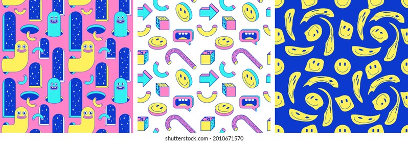Cartoon surreal seamless patterns with characters, emoji, arch, geometric, abstract shapes and elements for fashion, wallpapers, wrapping etc. Background set in trendy psychedelic weird cartoon style.