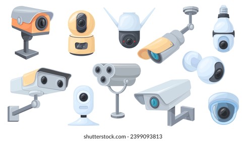 Cartoon surveillance cameras. Cctv spy watching video system, professional home or outdoor security equipment, interior camera lens safety control, neat vector illustration of camera spy surveillance