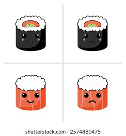 Cartoon sushi characters expressing happy and sad emotions, featuring maki and salmon sushi with adorable faces