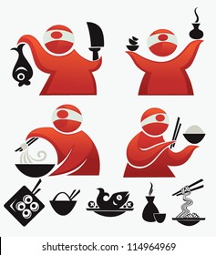cartoon sushi chief, vector collection of asian cooker and  food silhouettes