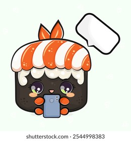 Cartoon Sushi Dessert Illustration. Vector hand drawn cartoon kawaii character illustration icon. Isolated on green background. Sushi concept