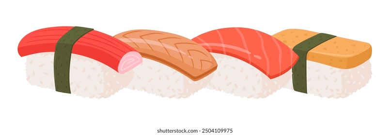 Cartoon sushi. Japanese seafood dish, sushi with salmon, eel fish and tuna traditional asian cuisine flat vector illustration. Delicious Japan cuisine dish