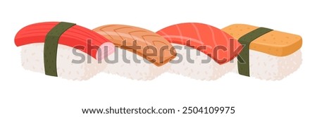 Cartoon sushi. Japanese seafood dish, sushi with salmon, eel fish and tuna traditional asian cuisine flat vector illustration. Delicious Japan cuisine dish