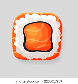 Cartoon sushi roll icon with salmon, nori and rice. Vector illustration of asian Japanese food