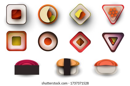  Cartoon sushi roll and sashimi different form. Japanese food. Abstract art composition in modern geometric papercut style. Minialistic concept design template for branding. Vector flat illustration.