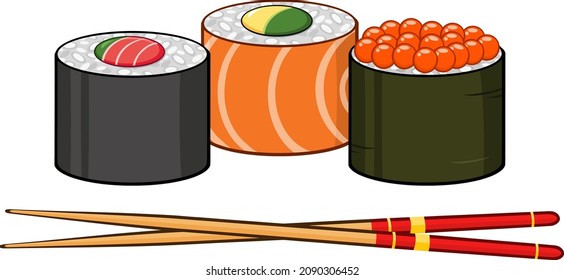 Cartoon Sushi Roll Set With Chopsticks. Vector Hand Drawn Illustration Isolated On White Background