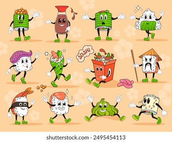 Cartoon sushi rolls characters. Japanese food retro mascot, rice onigiri fresh salmon sushis oriental meal comic character vintage manga 60s 70s, doodle neat vector illustration authors graphics